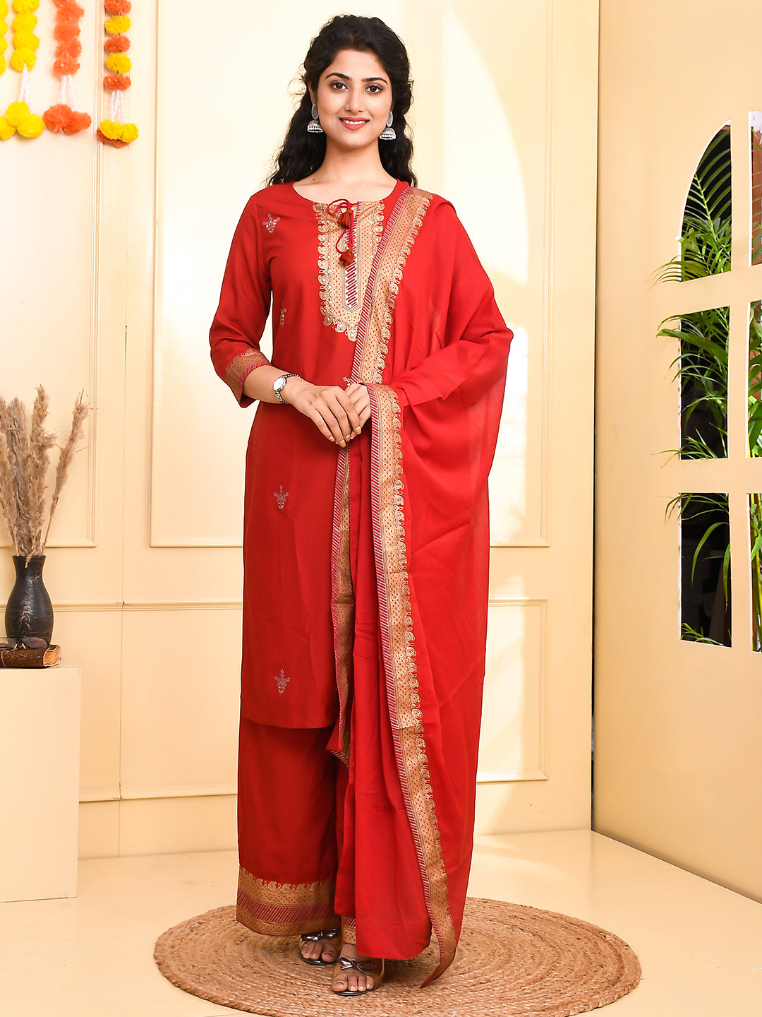 Jaitpuriya Women Maroon golden Straight Kurta Palazzo and Dupatta Set