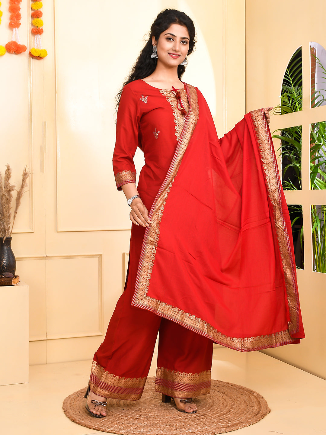 Jaitpuriya Women Maroon golden Straight Kurta Palazzo and Dupatta Set