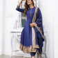 Blue Mandarin Collar Ethnic Motifs Printed Regular Kurta with Trousers & With Dupatta Set