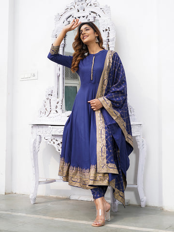 Blue Mandarin Collar Ethnic Motifs Printed Regular Kurta with Trousers & With Dupatta Set