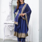 Blue Mandarin Collar Ethnic Motifs Printed Regular Kurta with Trousers & With Dupatta Set