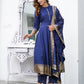 Blue Mandarin Collar Ethnic Motifs Printed Regular Kurta with Trousers & With Dupatta Set