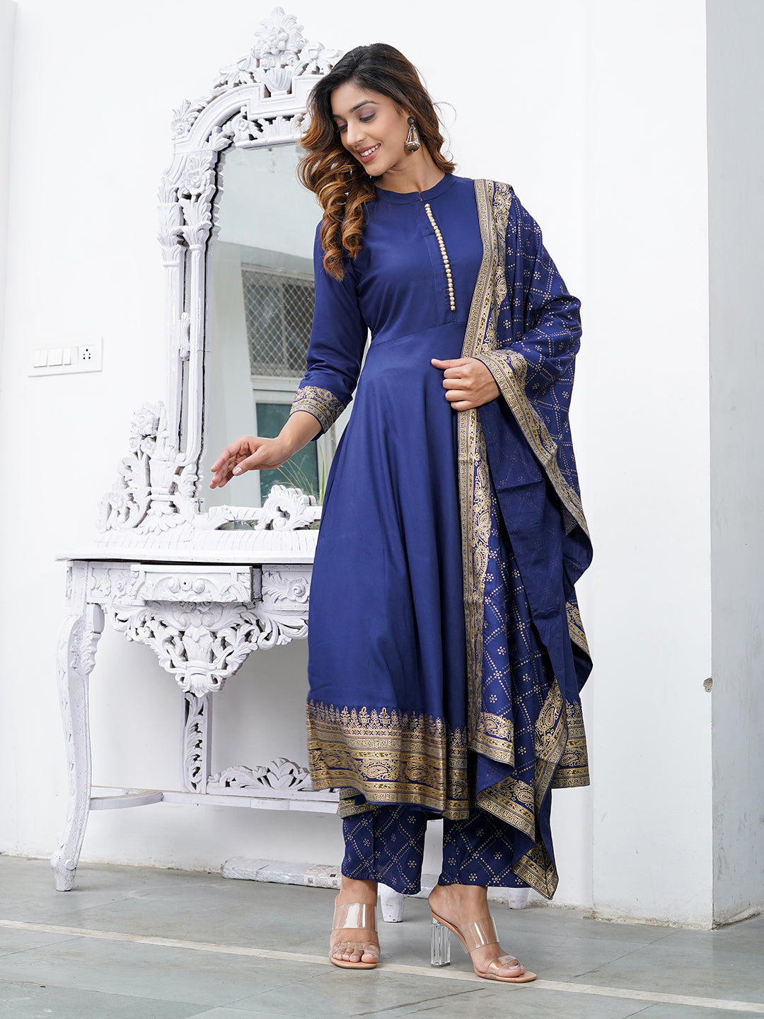 Blue Mandarin Collar Ethnic Motifs Printed Regular Kurta with Trousers & With Dupatta Set