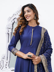 Blue Mandarin Collar Ethnic Motifs Printed Regular Kurta with Trousers & With Dupatta Set