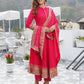 Pink Mandarin Collar Ethnic Motifs Printed Regular Kurta with Trousers & With Dupatta Set