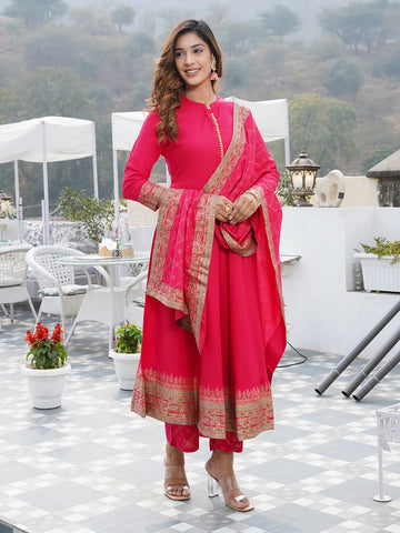 Pink Mandarin Collar Ethnic Motifs Printed Regular Kurta with Trousers & With Dupatta Set