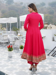 Pink Mandarin Collar Ethnic Motifs Printed Regular Kurta with Trousers & With Dupatta Set