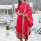 Pink Mandarin Collar Ethnic Motifs Printed Regular Kurta with Trousers & With Dupatta Set