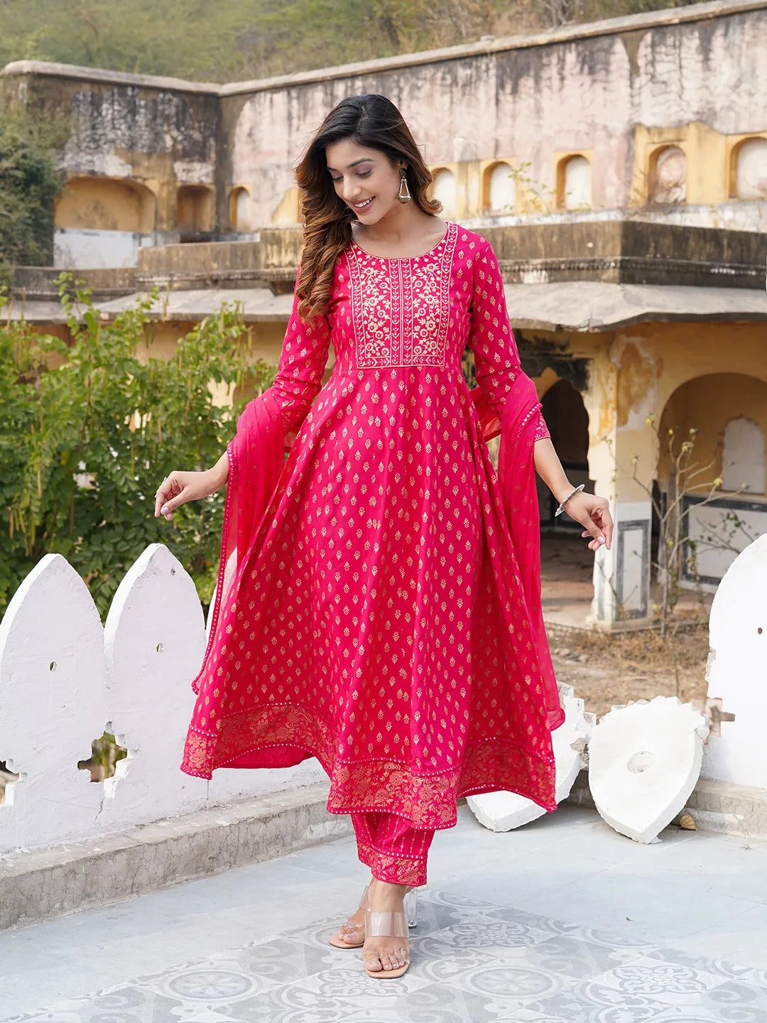 Jaitpuriya Women Red Printed Anarkali Kurta Pant and Dupatta Set