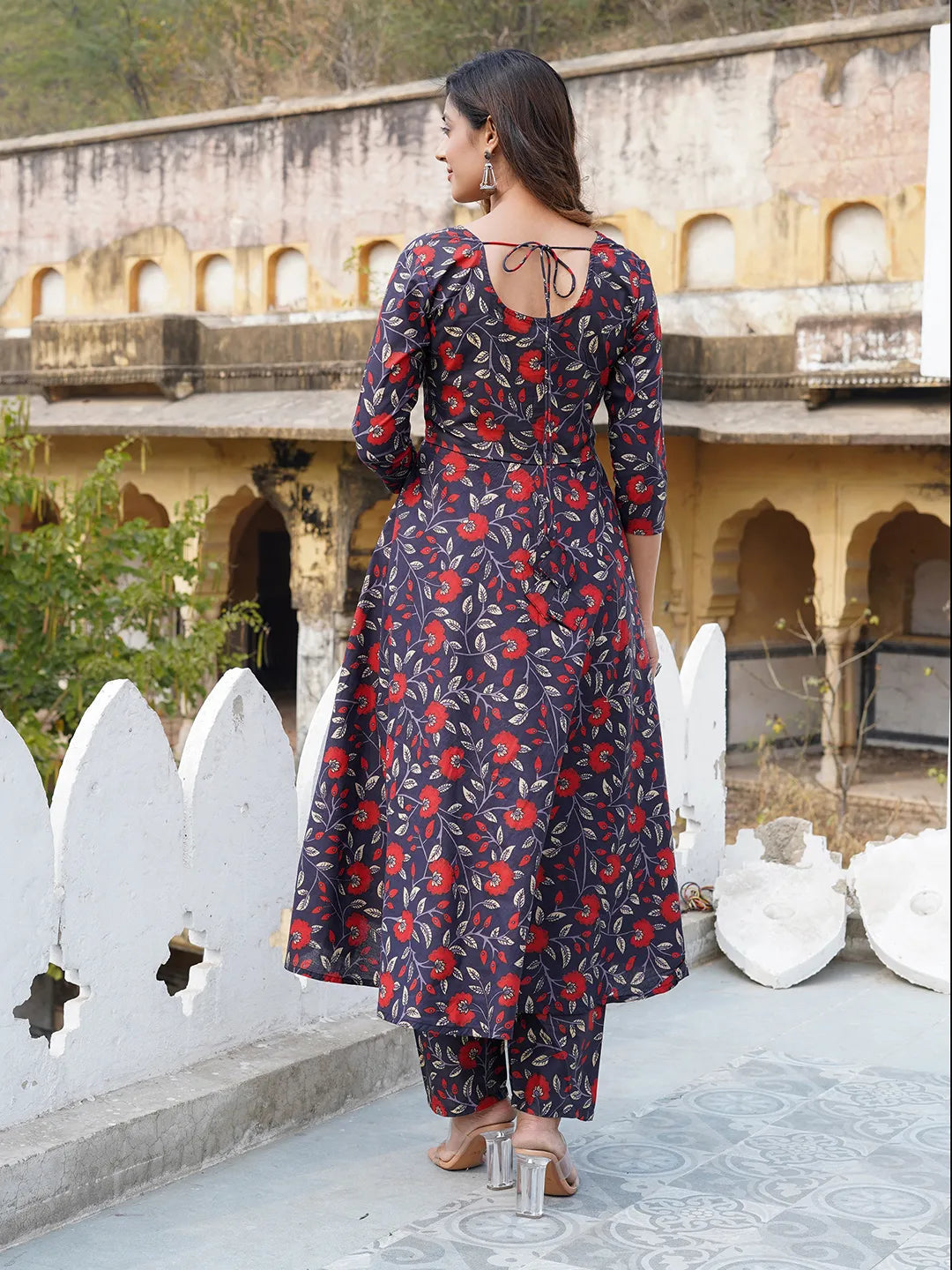 Jaitpuriya Women Navy blue Floral Print Anarkali Kurta Trouser and Dupatta Set