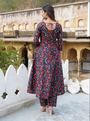 Jaitpuriya Women Navy blue Floral Print Anarkali Kurta Trouser and Dupatta Set