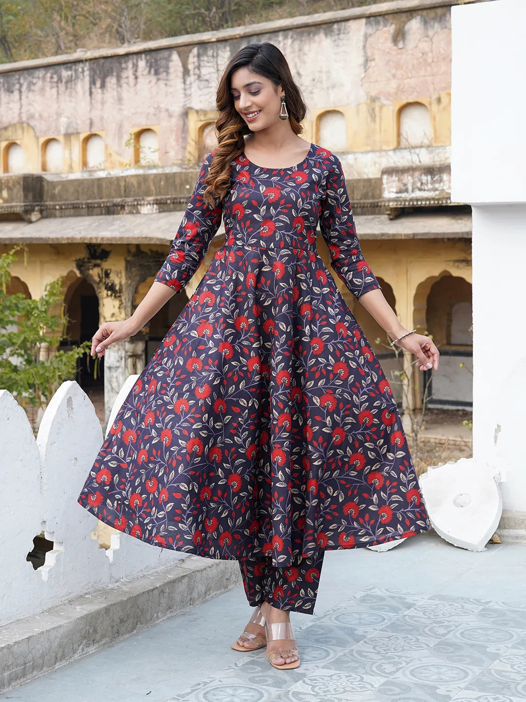 Jaitpuriya Women Navy blue Floral Print Anarkali Kurta Trouser and Dupatta Set