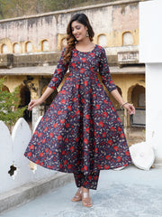 Jaitpuriya Women Navy blue Floral Print Anarkali Kurta Trouser and Dupatta Set