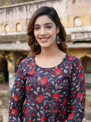 Jaitpuriya Women Navy blue Floral Print Anarkali Kurta Trouser and Dupatta Set