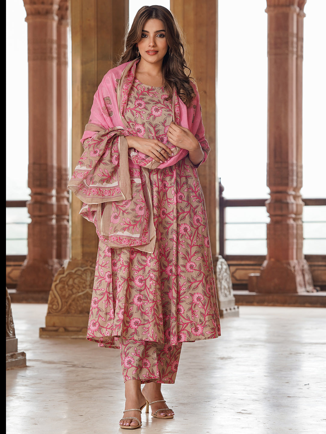 Jaitpuriya Women Cream Floral Anarkali Kurta Pant and Dupatta Set