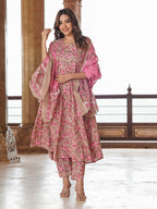 Jaitpuriya Women Cream Floral Anarkali Kurta Pant and Dupatta Set