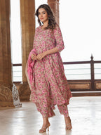Jaitpuriya Women Cream Floral Anarkali Kurta Pant and Dupatta Set