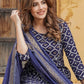 Jaitpuriya Women Navy Blue Geometric Straight Kurta Pant and Dupatta Set