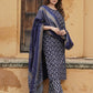 Jaitpuriya Women Navy Blue Geometric Straight Kurta Pant and Dupatta Set