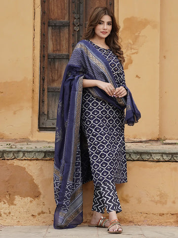 Jaitpuriya Women Navy Blue Geometric Straight Kurta Pant and Dupatta Set