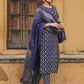 Jaitpuriya Women Navy Blue Geometric Straight Kurta Pant and Dupatta Set