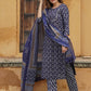 Jaitpuriya Women Navy Blue Geometric Straight Kurta Pant and Dupatta Set