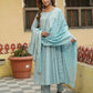 Jaitpuriya Women Light Blue Floral Anarkali Kurta Pant and Dupatta Set