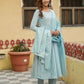 Jaitpuriya Women Light Blue Floral Anarkali Kurta Pant and Dupatta Set