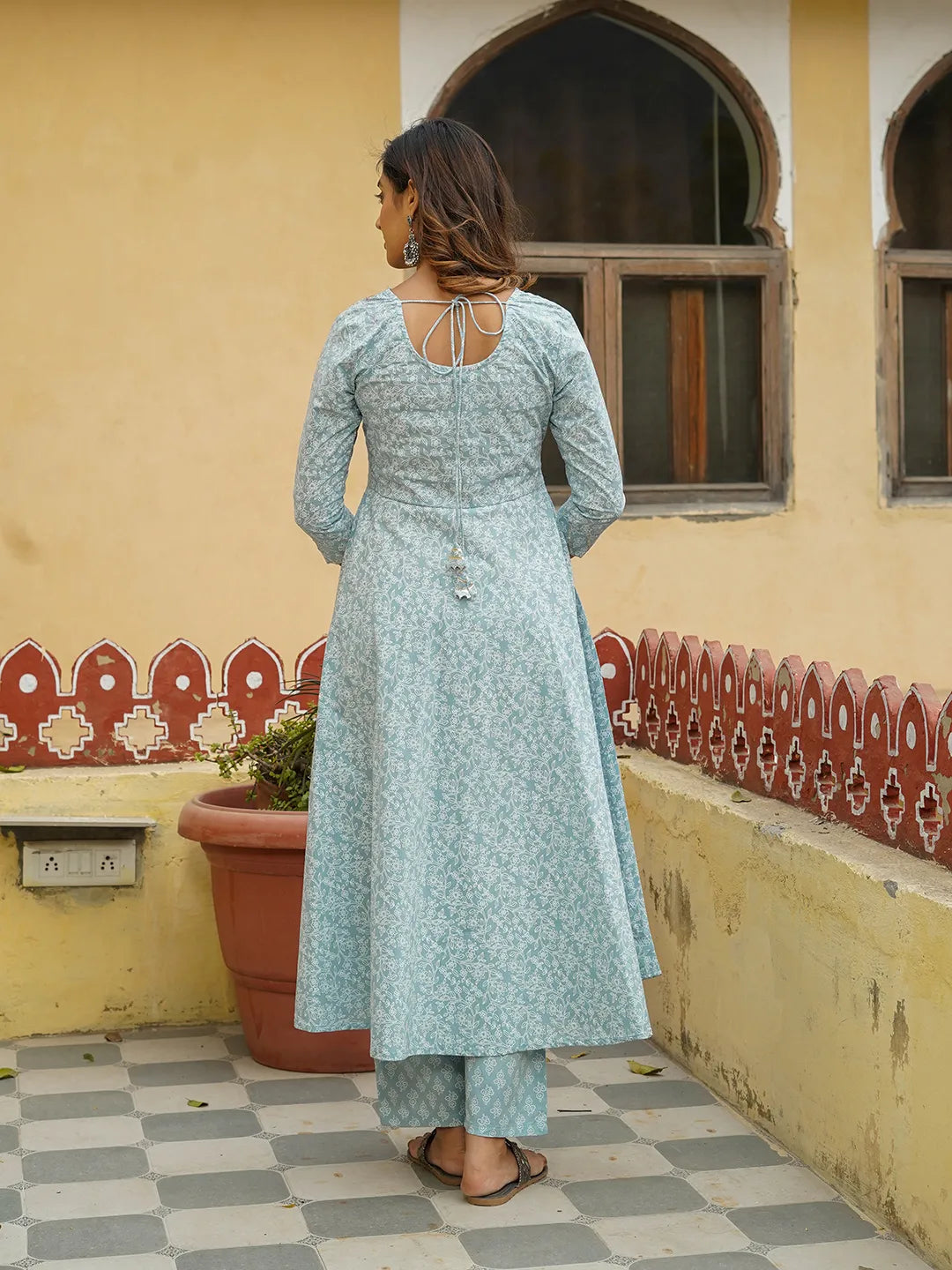 Jaitpuriya Women Light Blue Floral Anarkali Kurta Pant and Dupatta Set