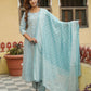 Jaitpuriya Women Light Blue Floral Anarkali Kurta Pant and Dupatta Set