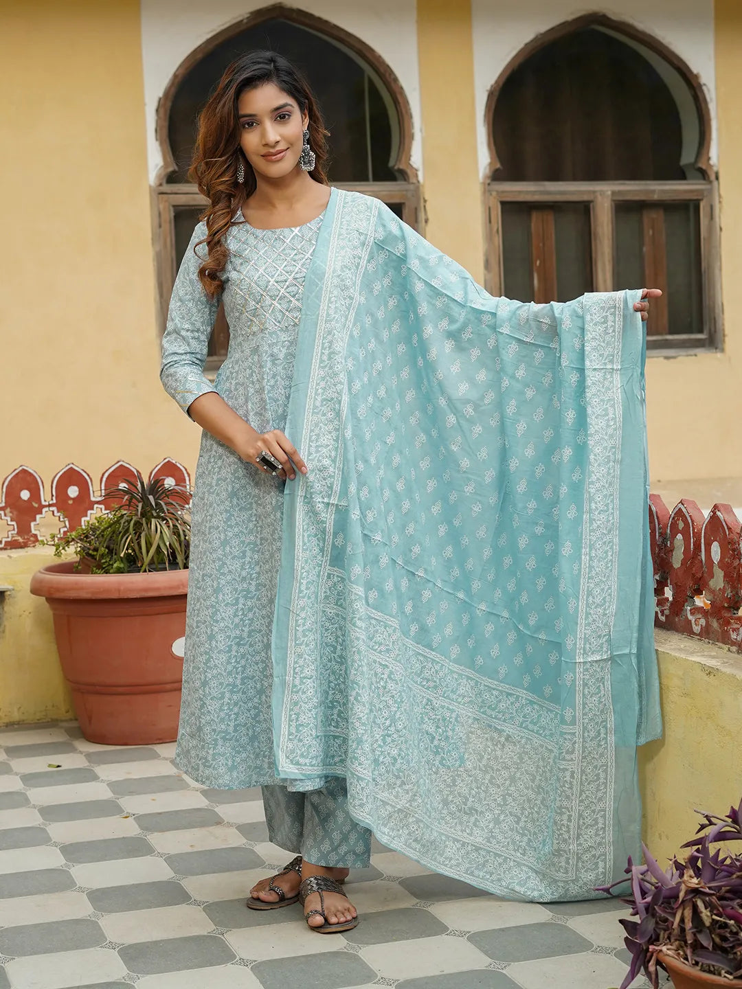 Jaitpuriya Women Light Blue Floral Anarkali Kurta Pant and Dupatta Set