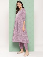 Jaitpuriya Women Mauve Floral Anarkali Kurta Pant and Dupatta Set
