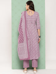 Jaitpuriya Women Mauve Floral Anarkali Kurta Pant and Dupatta Set