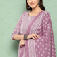 Jaitpuriya Women Mauve Floral Anarkali Kurta Pant and Dupatta Set