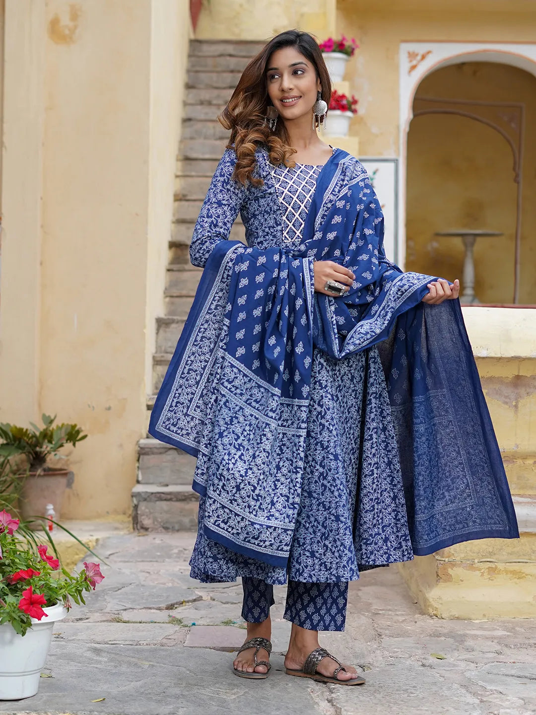 Kurta Set For 2024 Women - Pure Cotton White & Blue Ethnic Motifs Printed Pleated A-Line Kurta With Trousers And Dupatta - Ethnic Indian Dress