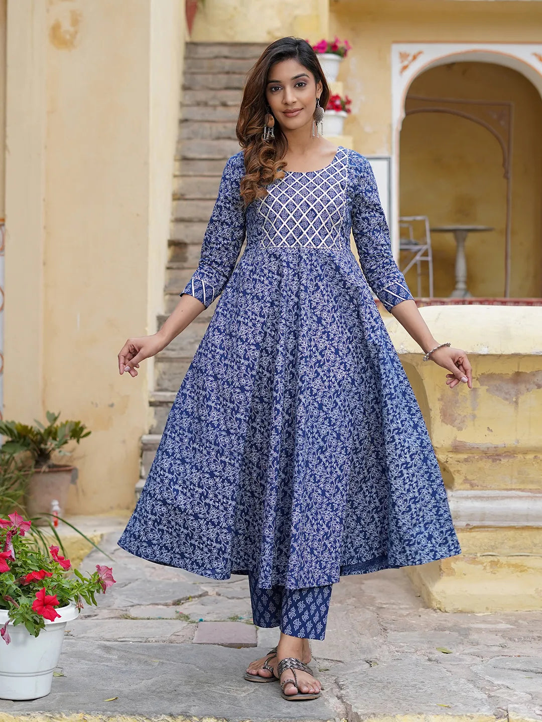Jaitpuriya Women Blue Floral Anarkali Kurta Pant and Dupatta Set