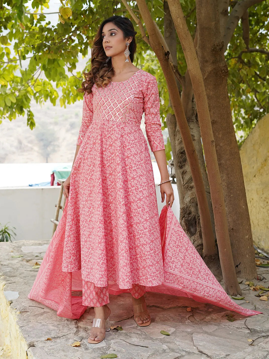 Jaitpuriya Women Pink Floral Anarkali Kurta Pant and Dupatta Set