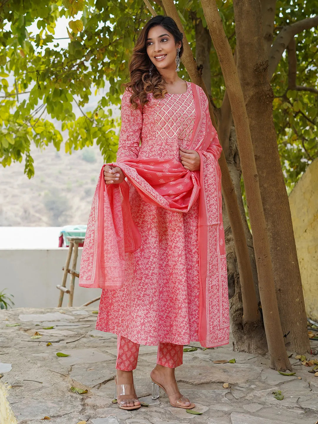 Jaitpuriya Women Pink Floral Anarkali Kurta Pant and Dupatta Set