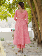 Jaitpuriya Women Pink Floral Anarkali Kurta Pant and Dupatta Set