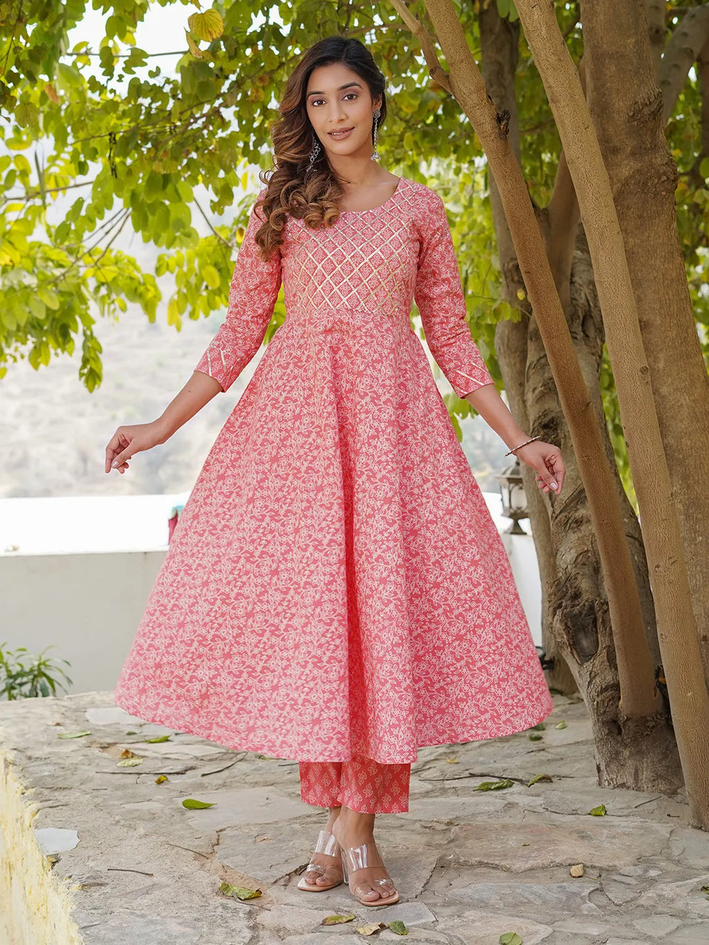 Jaitpuriya Women Pink Floral Anarkali Kurta Pant and Dupatta Set