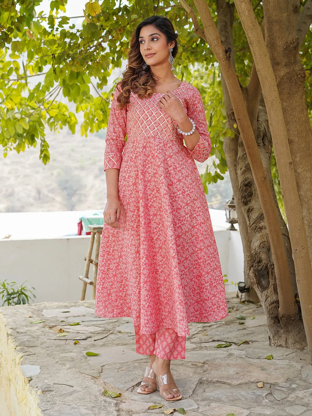 Jaitpuriya Women Pink Floral Anarkali Kurta Pant and Dupatta Set