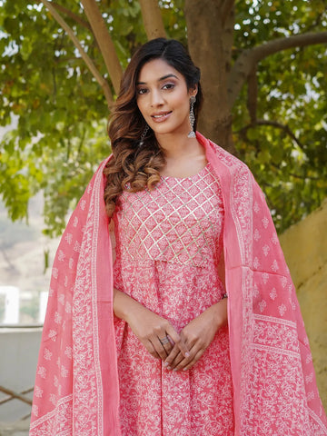 Jaitpuriya Women Pink Floral Anarkali Kurta Pant and Dupatta Set