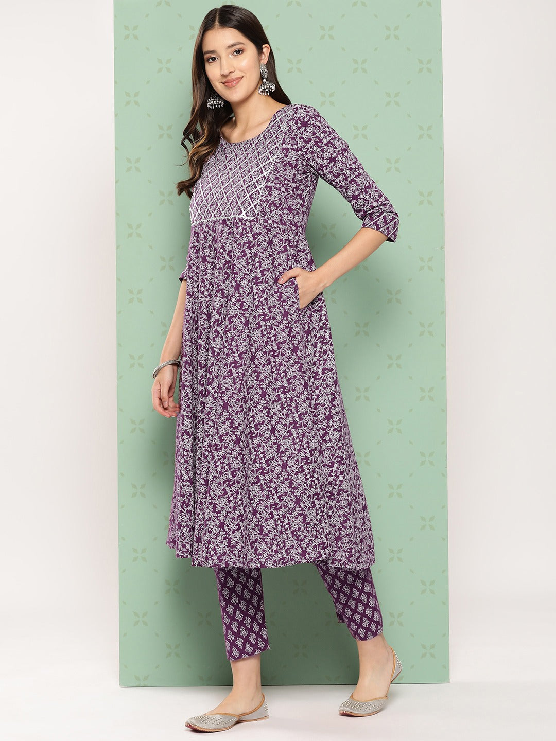 Jaitpuriya Women Purple Floral Anarkali Kurta Pant and Dupatta Set