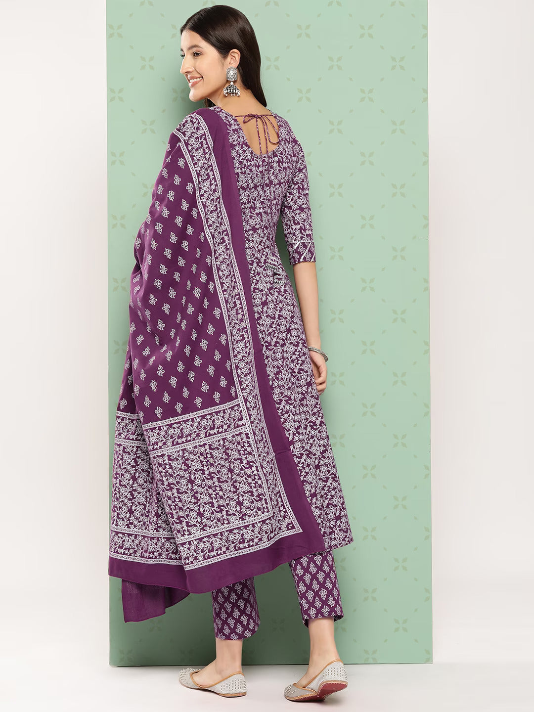 Jaitpuriya Women Purple Floral Anarkali Kurta Pant and Dupatta Set