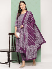 Jaitpuriya Women Purple Floral Anarkali Kurta Pant and Dupatta Set