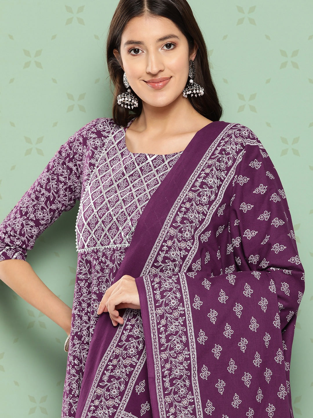 Jaitpuriya Women Purple Floral Anarkali Kurta Pant and Dupatta Set