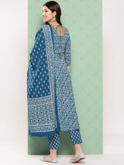 Jaitpuriya Women Teal Floral Anarkali Kurta Pant and Dupatta Set