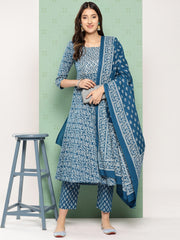 Jaitpuriya Women Teal Floral Anarkali Kurta Pant and Dupatta Set