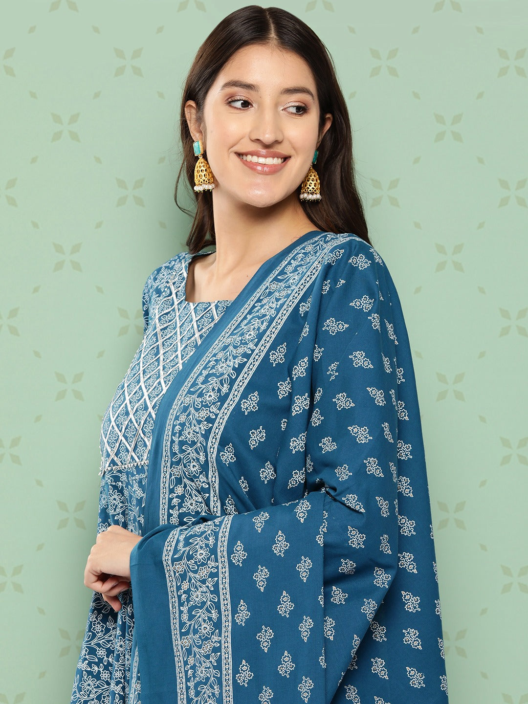 Jaitpuriya Women Teal Floral Anarkali Kurta Pant and Dupatta Set