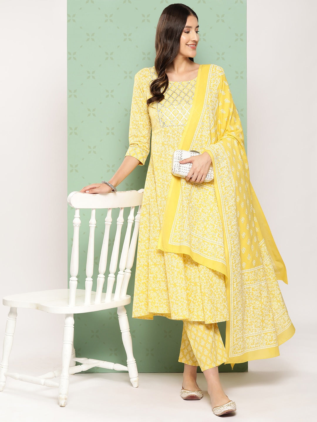 Jaitpuriya Women Yellow Floral Anarkali Kurta Pant and Dupatta Set